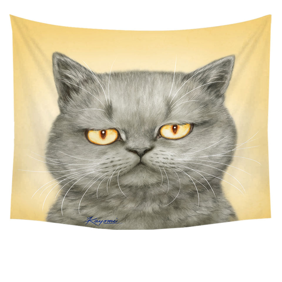 Cats Trendy Wall Decor Art Paintings Yellow Eye Cranky Grey Cat Tapestry