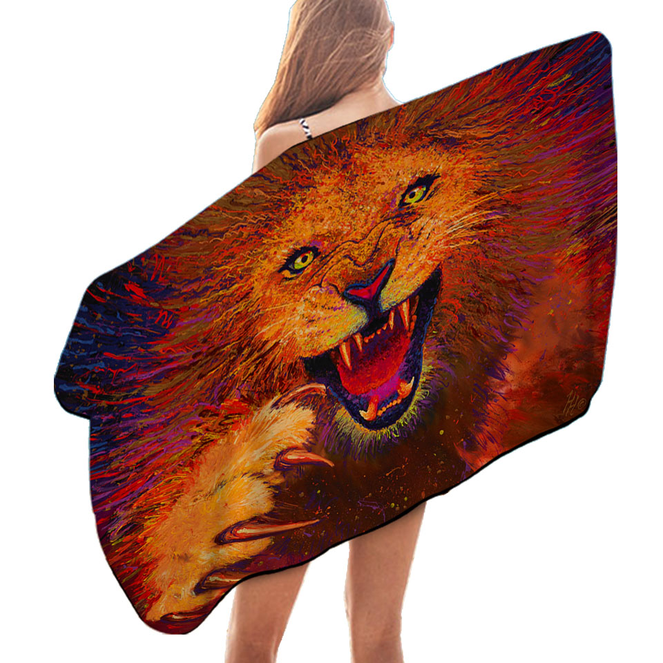 Charging Leo Artistic Painting of a Lion Beach Towel