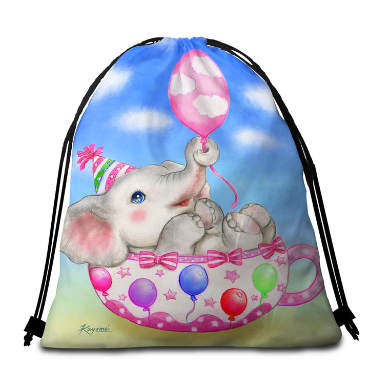 Children Beach Towel Bags Cute Elephant Cup and Balloons