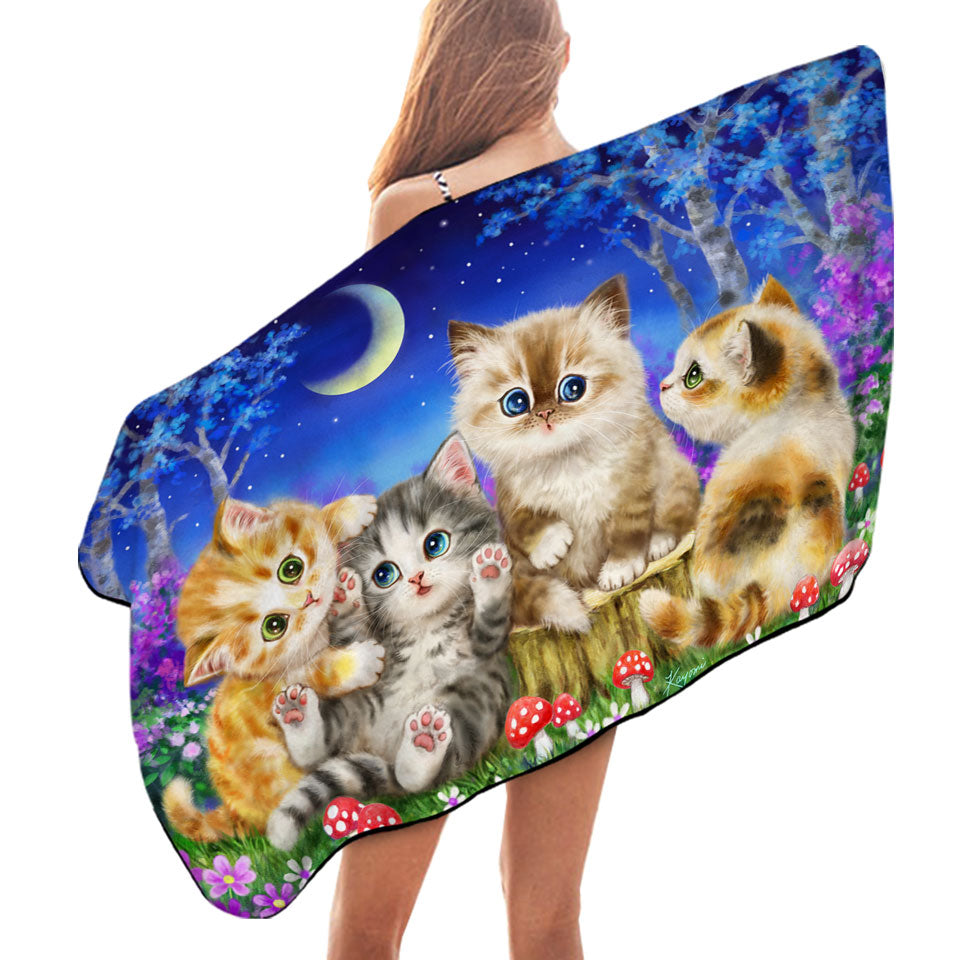 Children Beach Towels with Moonlight Cats Cute Sweet Kittens in the Forest