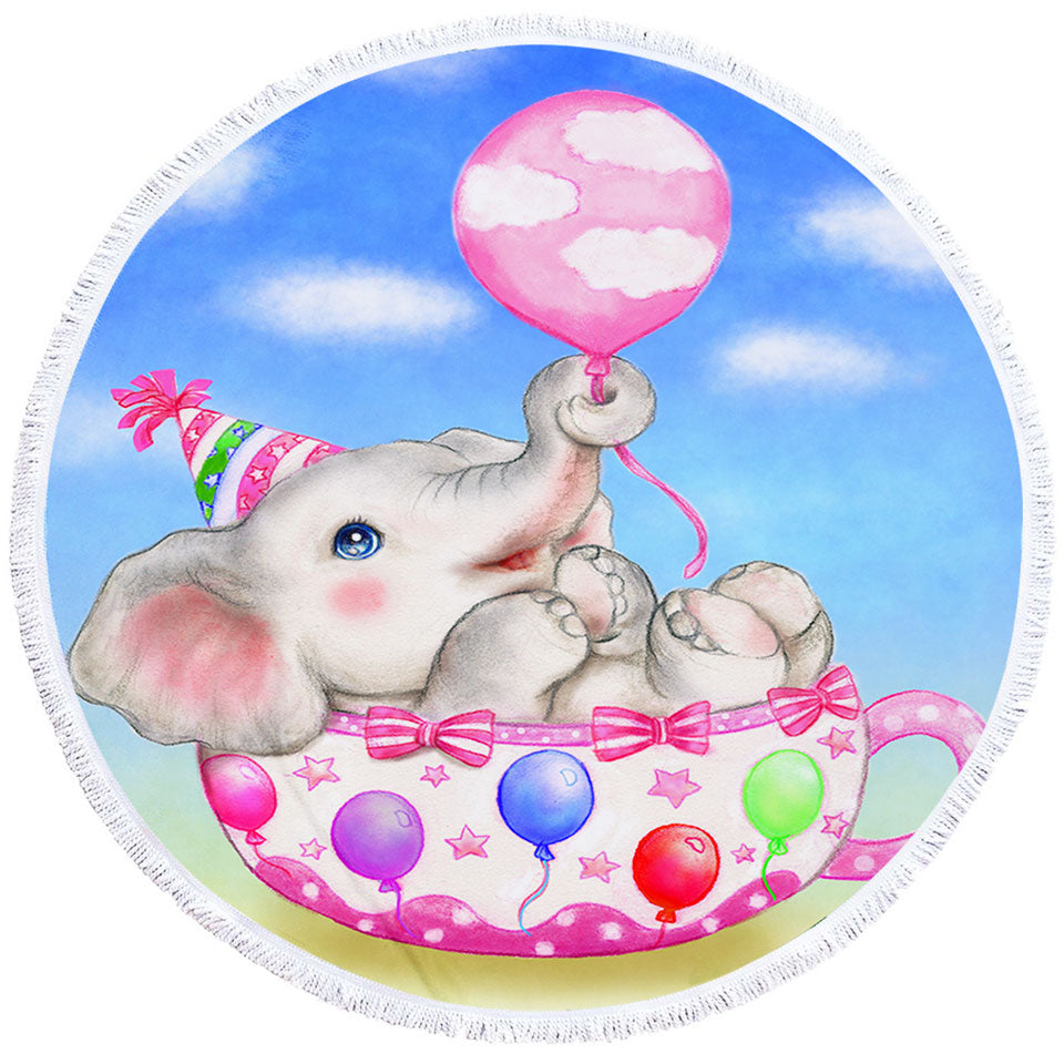 Children Round Beach Towel Cute Elephant Cup and Balloons