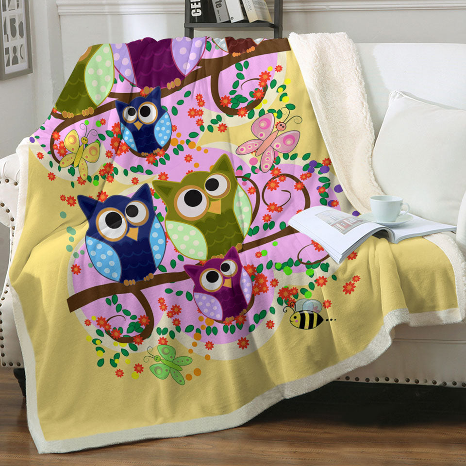 Children Sherpa Blanket Cute Multi Colored Owls