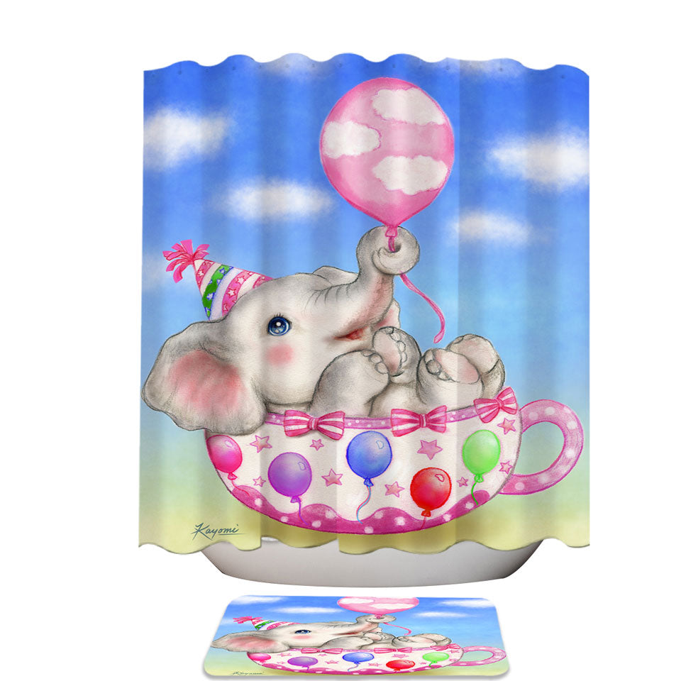 Children Shower Curtains Cute Elephant Cup and Balloons