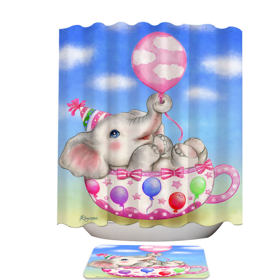 Children Shower Curtains Cute Elephant Cup and Balloons