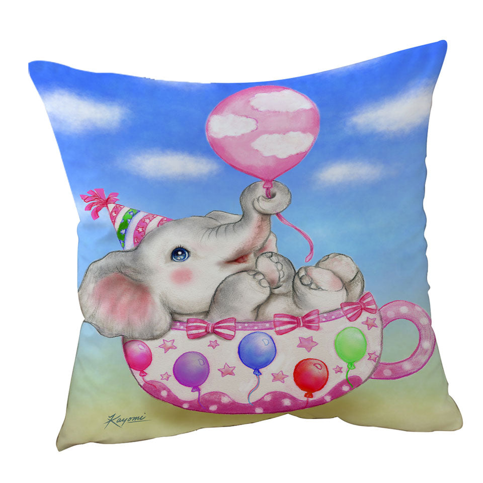 Children Throw Pillows Cute Elephant Cup and Balloons