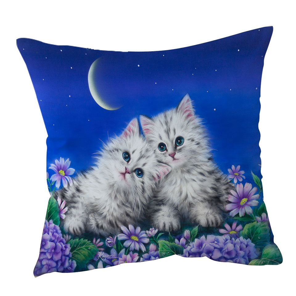 Children Throw Pillows with Moonlight Cats Cute Sweet Kittens at Night