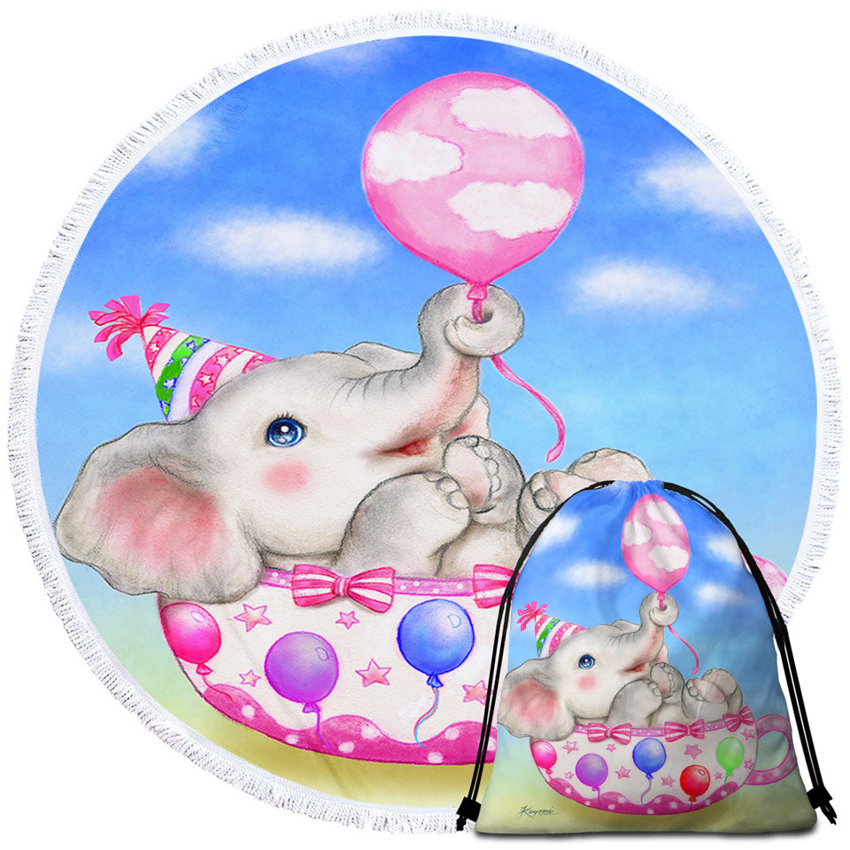Children Travel Beach Towel Cute Elephant Cup and Balloons