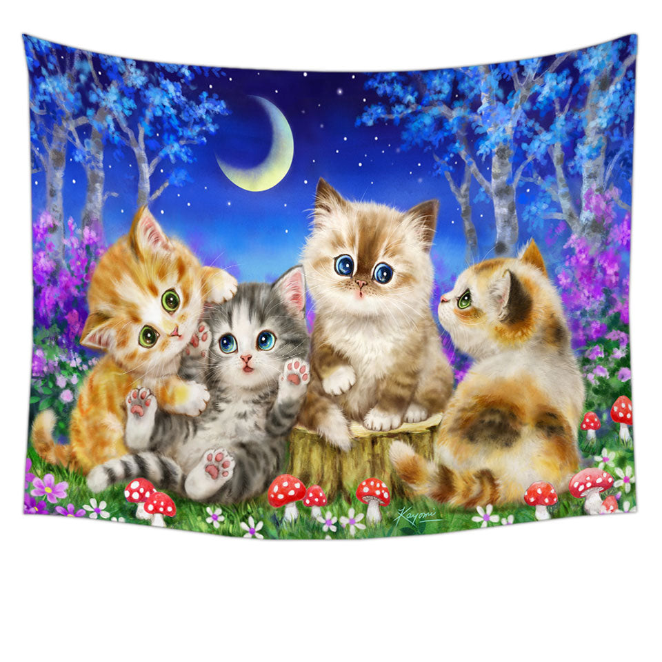 Children Wall Decor with Moonlight Cats Cute Sweet Kittens in the Forest
