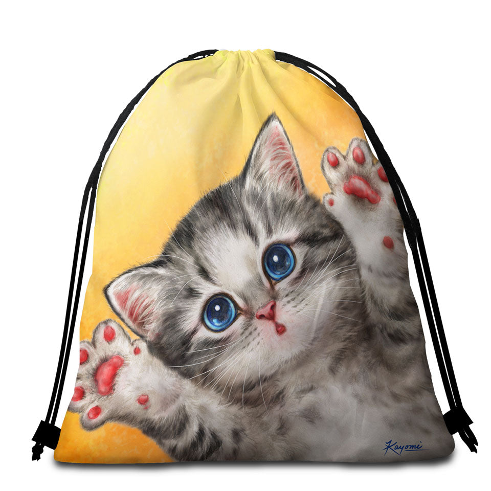 Childrens Beach Towel Bags Cats Designs Heart Melting Blue Eyes Grey Kitten