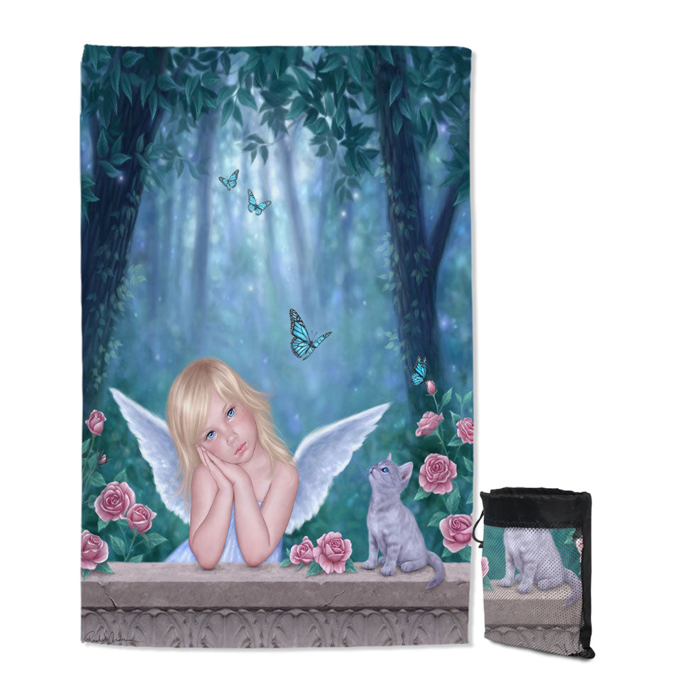 Childrens Beach Towels Fantasy Art Little Miracles Cat and Cute Little Fairy