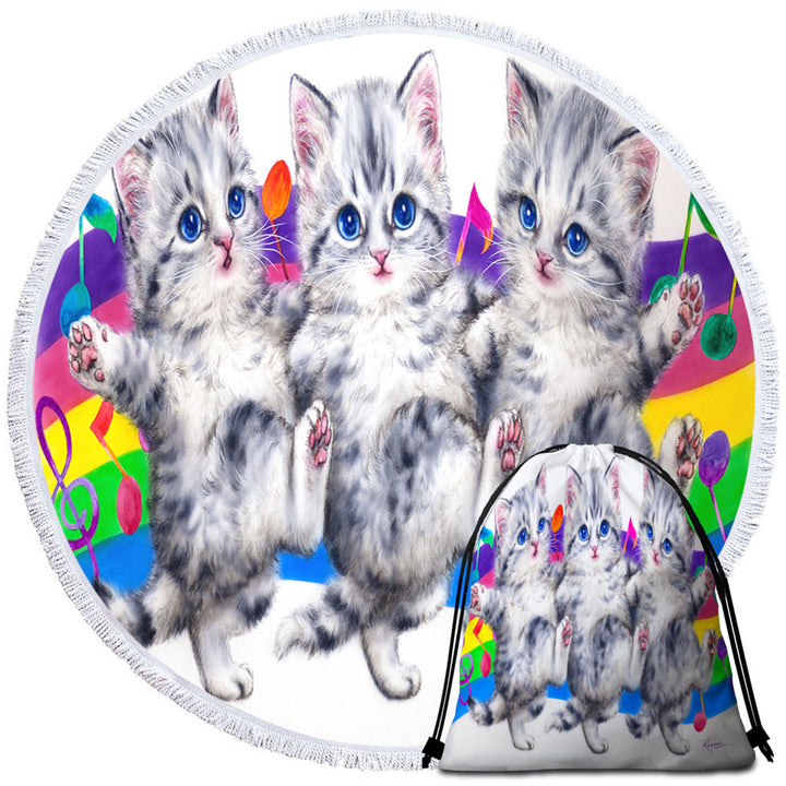 Childrens Beach Towels with Grey Kittens Rainbow Colorful Music Notes Dance