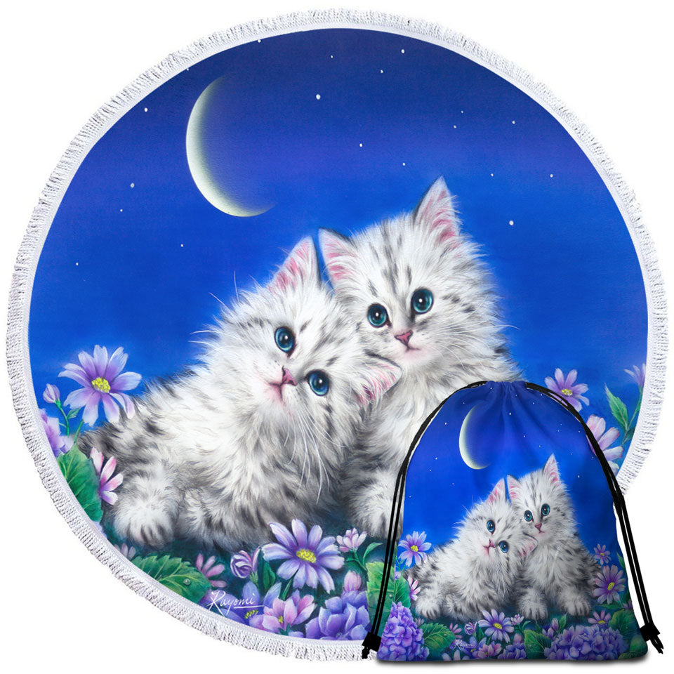 Childrens Beach Towels with Moonlight Cats Cute Sweet Kittens at Night