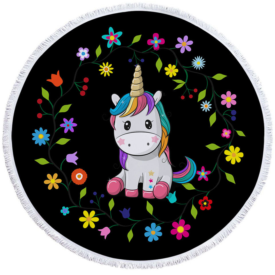 Childrens Beach Towels with Simple Floral Circle and Adorable Unicorn