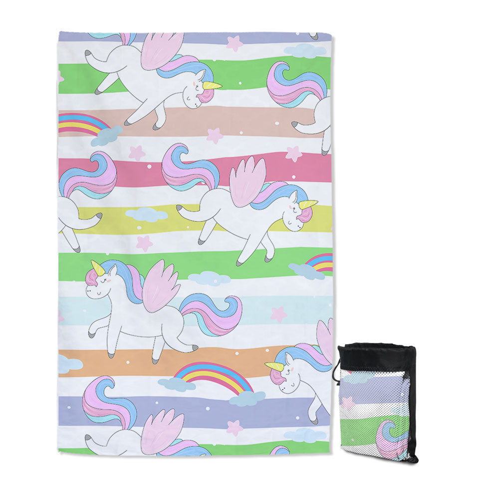 Childrens Beach Towels with Stripes and Rainbow Unicorn Pattern