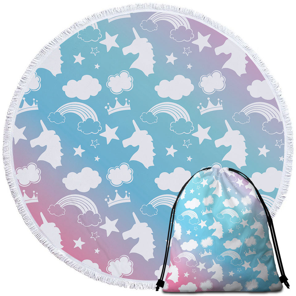 Childrens Beach Towels with White Silhouettes Clouds and Unicorns