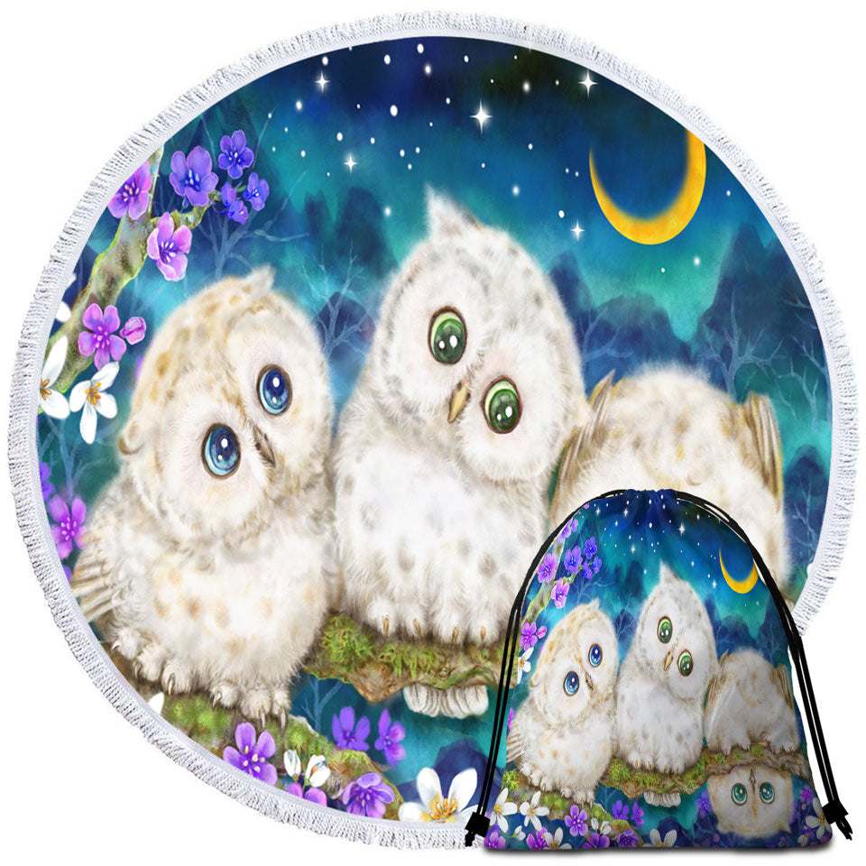 Childrens Beach Towels with Wild Birds Art Cute Night Flowers and Owls