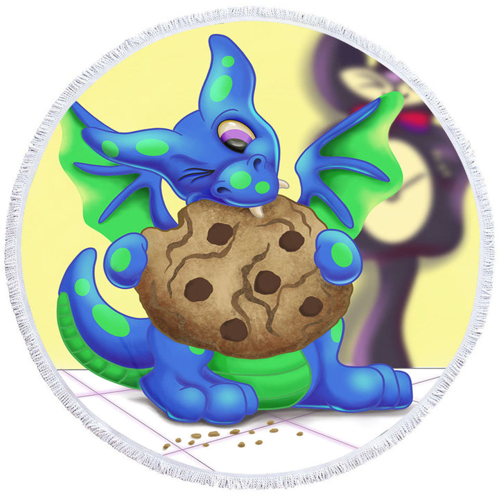 Childrens Round Beach Towel Lovely Dragon Eating a Cookie