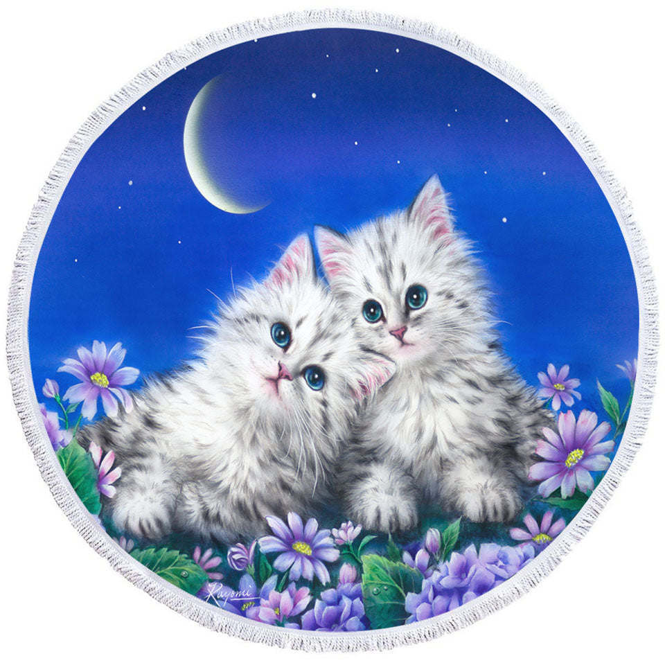 Childrens Round Beach Towel with Moonlight Cats Cute Sweet Kittens at Night