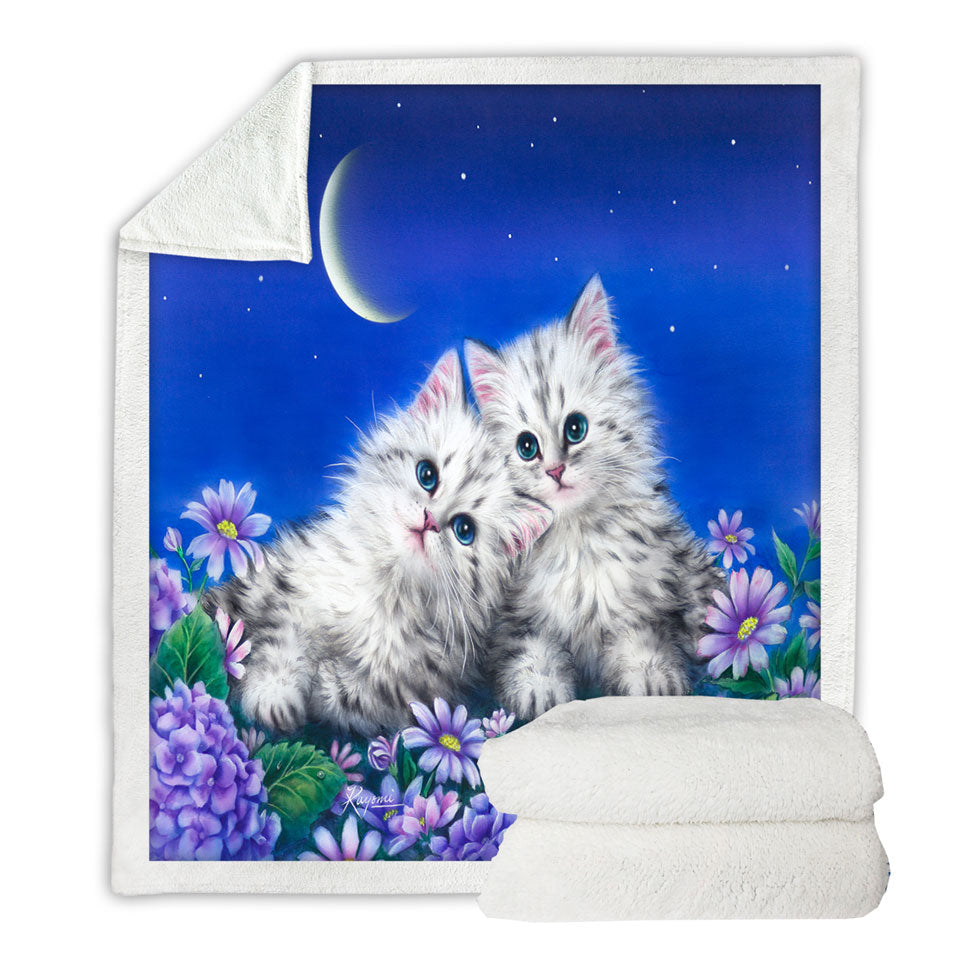 Childrens Sherpa Blankets with Moonlight Cats Cute Sweet Kittens at Night