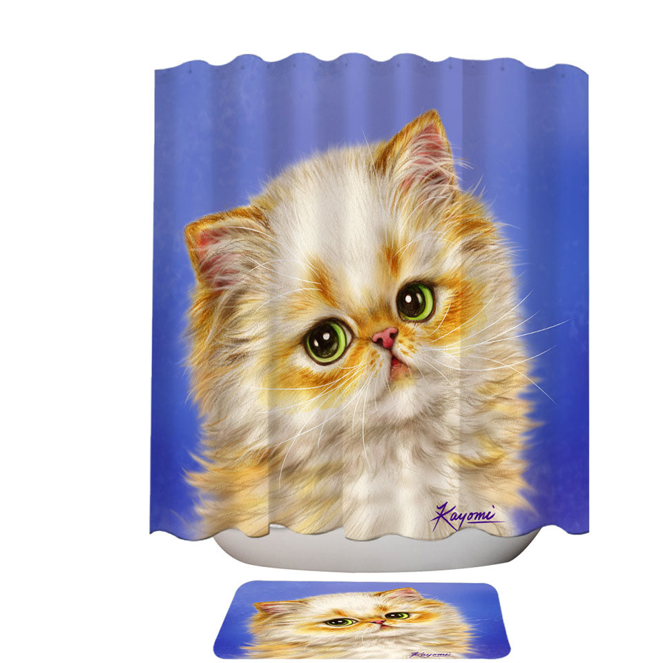 Childrens Shower Curtains with Adorable Ginger Kitten over Purple