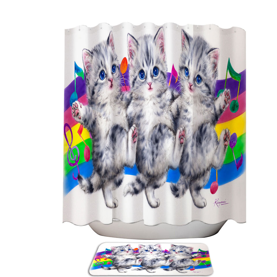 Childrens Shower Curtains with Grey Kittens Rainbow Colorful Music Notes Dance