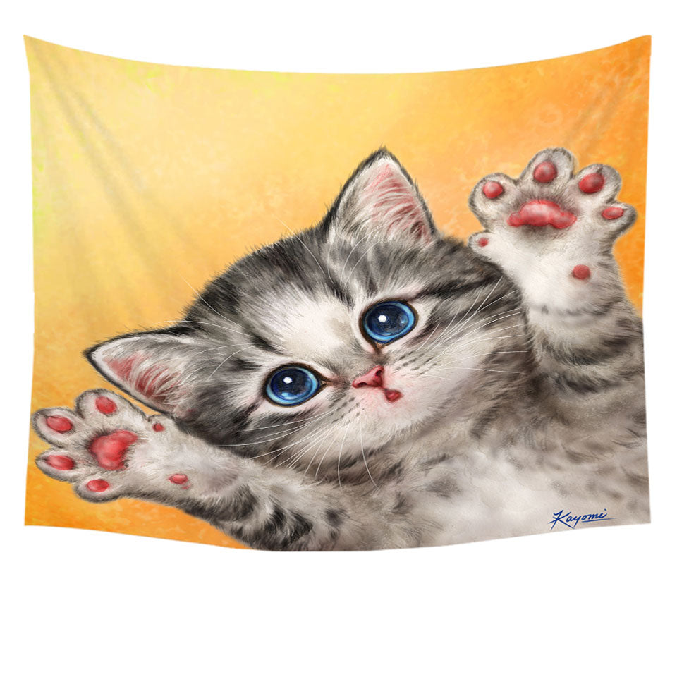 Childrens Tapestry Wall Decor Cats Designs Heart Melting Blue Eyes Grey Kitten