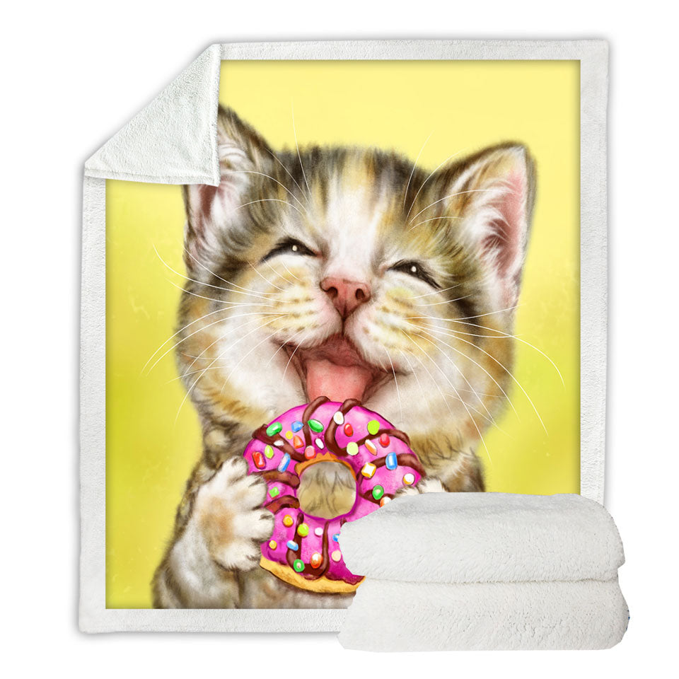 Childrens Throws with Funny Cats Happy Tabby Kitten Eating Doughnut