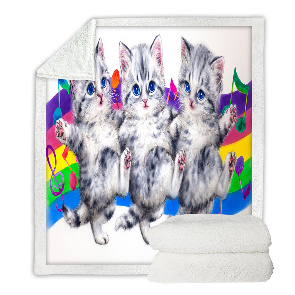 Childrens Throws with Grey Kittens Rainbow Colorful Music Notes Dance