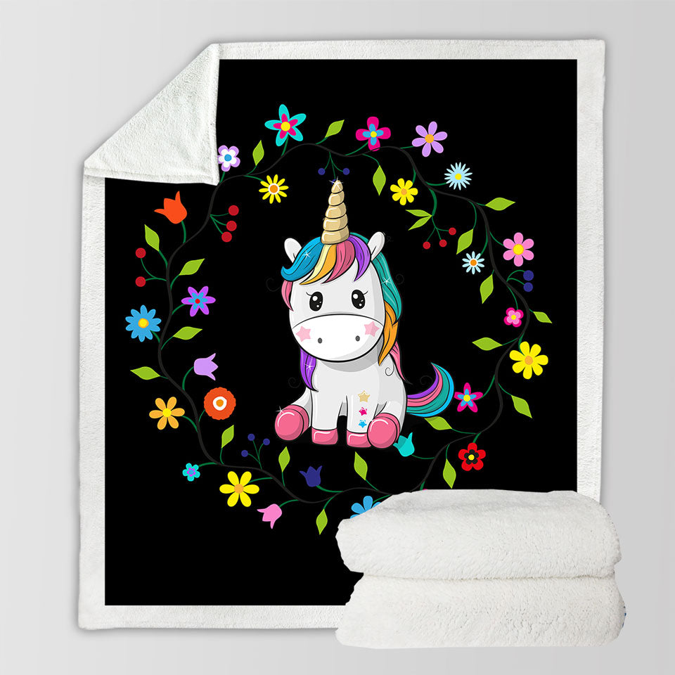 Childrens Throws with Simple Floral Circle and Adorable Unicorn