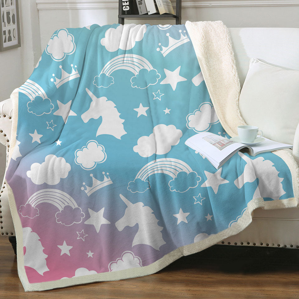 Childrens Throws with White Silhouettes Clouds and Unicorns