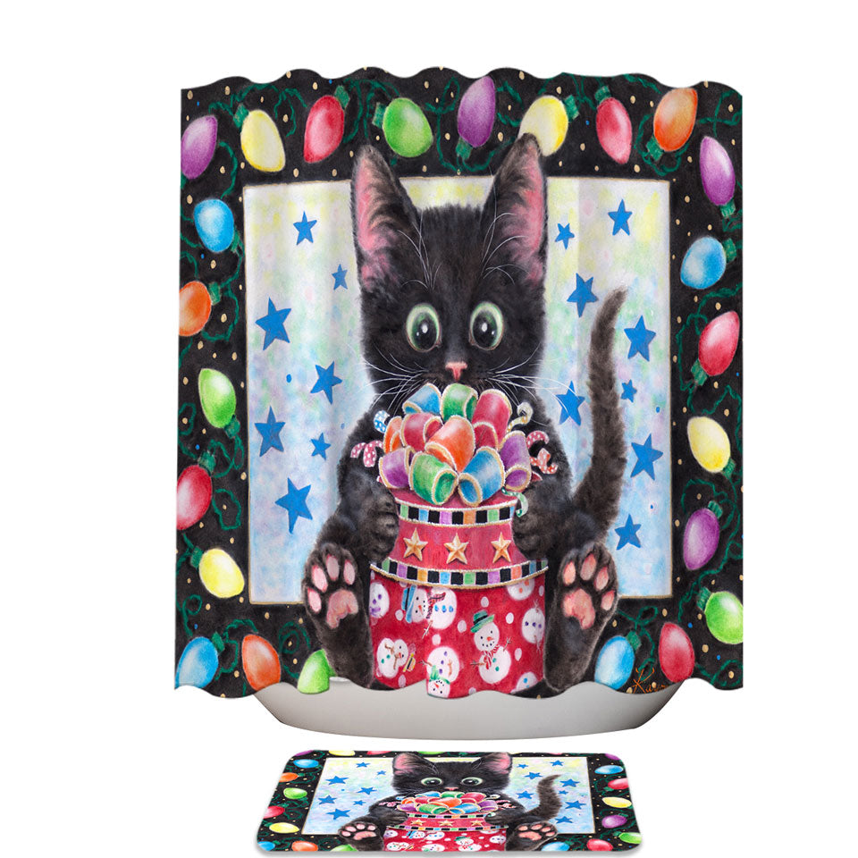 Christmas Bathroom Shower Curtains Lights and Cute Black Kitten Cat