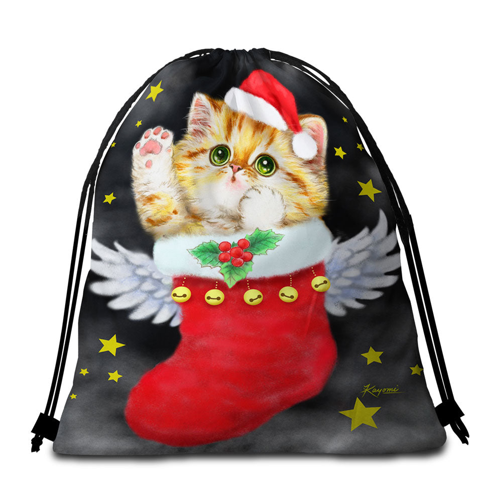 Christmas Beach Bags and Towels Cute Ginger Kitty in Red Angle Christmas Sock