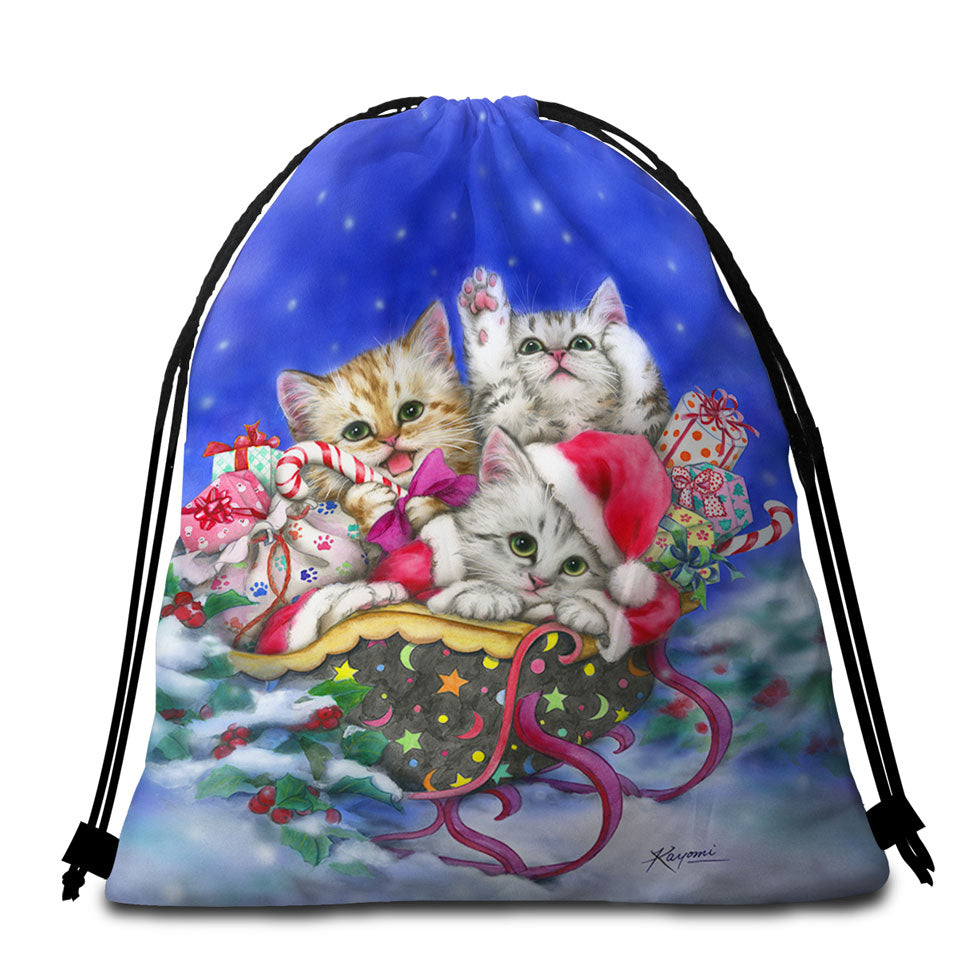 Christmas Beach Bags and Towels Gift Three Lovely Kittens in Sleigh