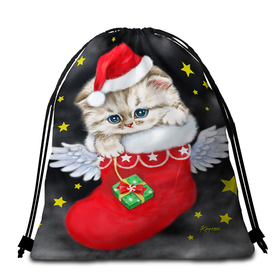 Christmas Beach Towel Bags Adorable Tabby Kitty in Red Angle Christmas Sock