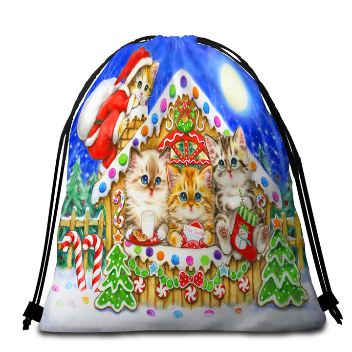 Christmas Beach Towel Bags Cats Cute Gingerbread House for Kittens