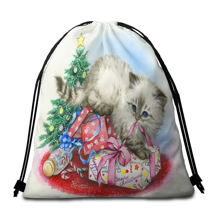 Christmas Beach Towel Bags Design Cute Kitten is Opening Presents