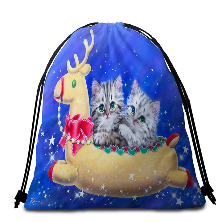 Christmas Beach Towel Bags with Reindeer Ride Kitty Cats