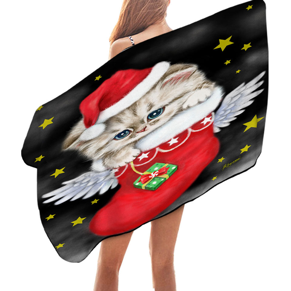Christmas Beach Towels Adorable Tabby Kitty in Red Angle Christmas Sock