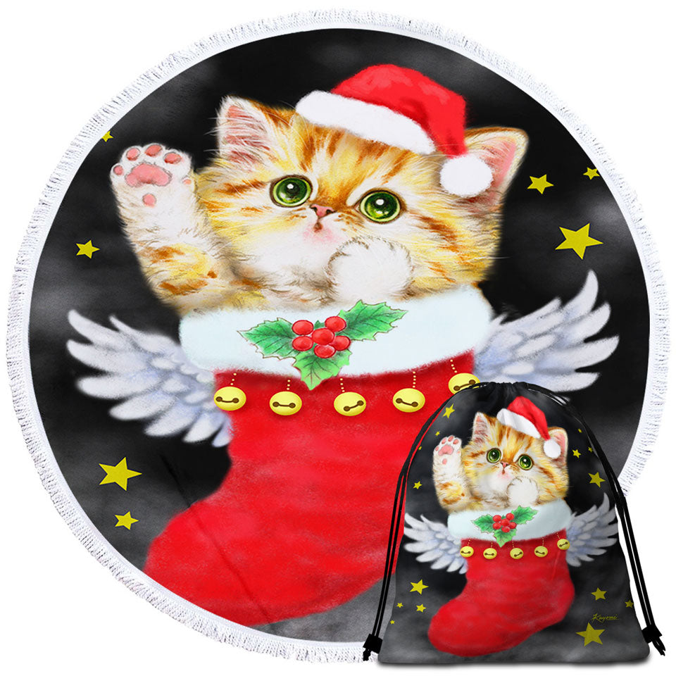 Christmas Beach Towels Cute Ginger Kitty in Red Angle Christmas Sock