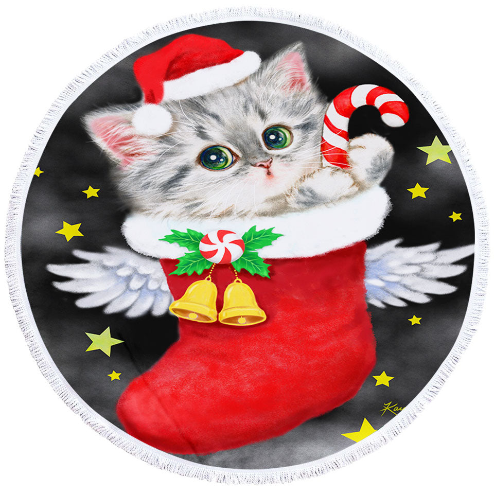 Christmas Beach Towels Cute Grey Kitty in Red Angle Christmas Sock