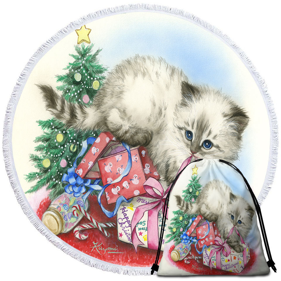 Christmas Beach Towels Design Cute Kitten is Opening Presents