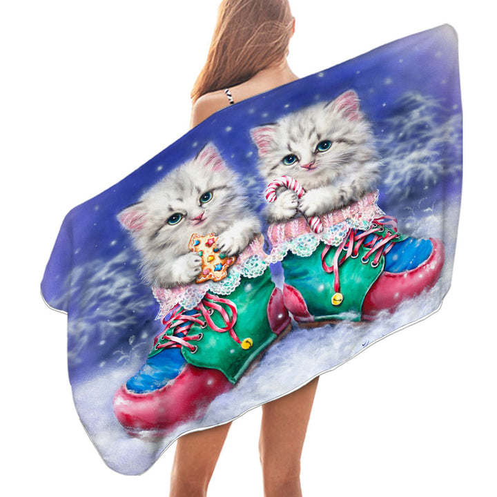 Christmas Beach Towels for Sale Winter Boots with Cute Grey Kittens
