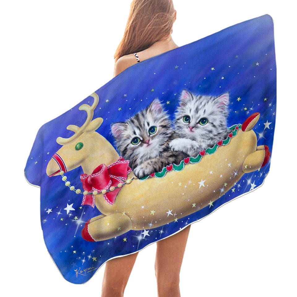 Christmas Beach Towels with Reindeer Ride Kitty Cats