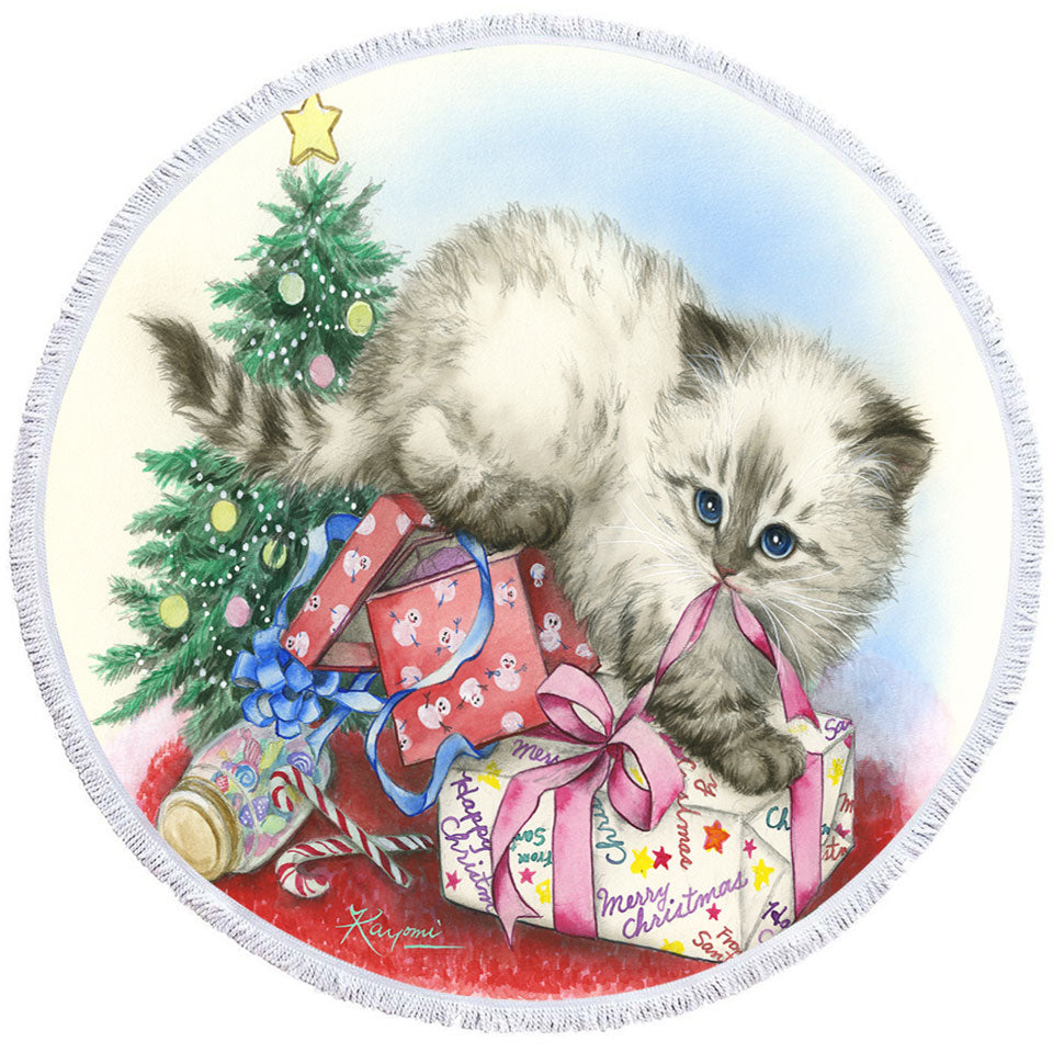Christmas Big Beach Towels Design Cute Kitten is Opening Presents