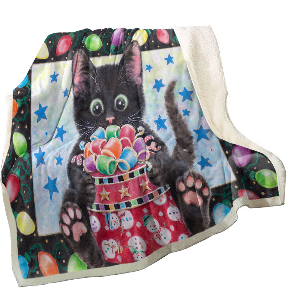 Christmas Childrens Throws Lights and Cute Black Kitten Cat