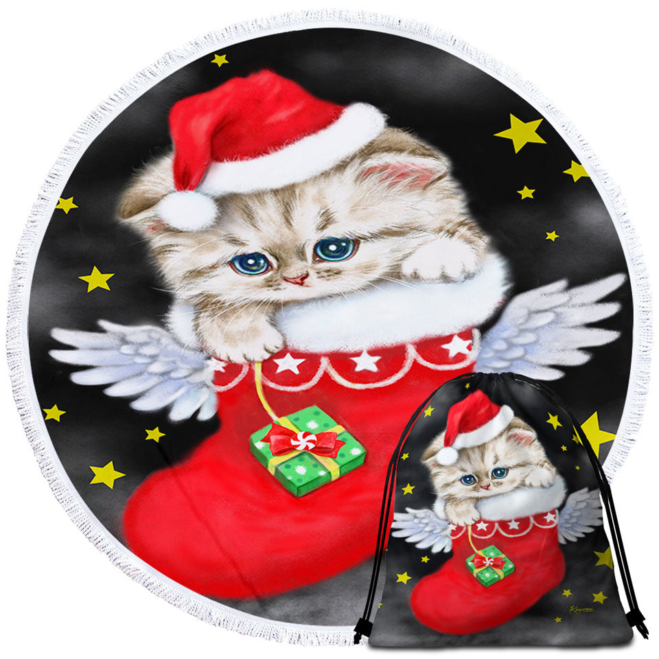 Christmas Circle Beach Towel Adorable Tabby Kitty in Red Angle Christmas Sock