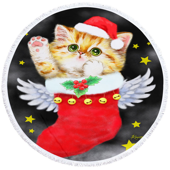 Christmas Circle Beach Towel Cute Ginger Kitty in Red Angle Christmas Sock