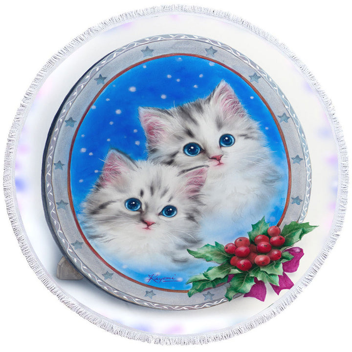 Christmas Circle Beach Towel Design Cute Kittens Holiday Portrait