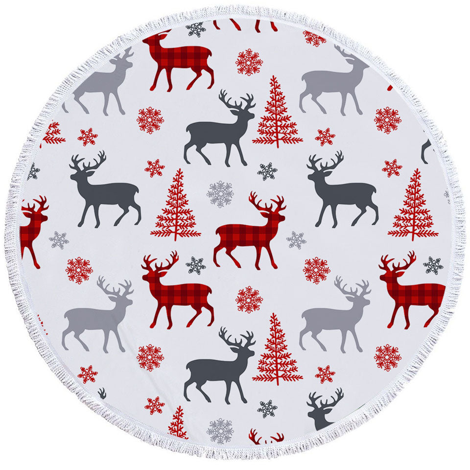 Christmas Circle Beach Towels Tree Deer and Snow Pattern