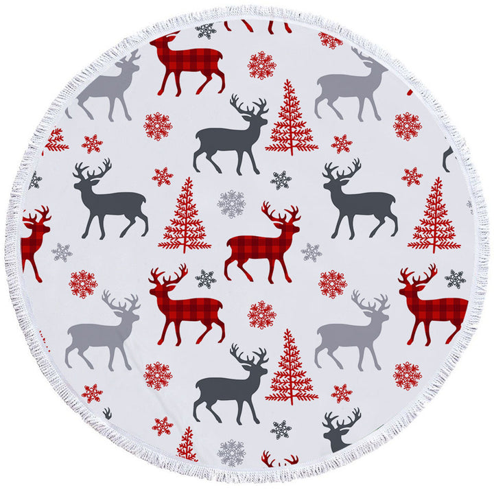 Christmas Circle Beach Towels Tree Deer and Snow Pattern
